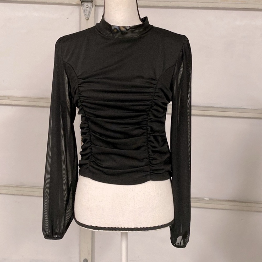 Stella Luce Black Ruched Mandarin Collar Blouse
